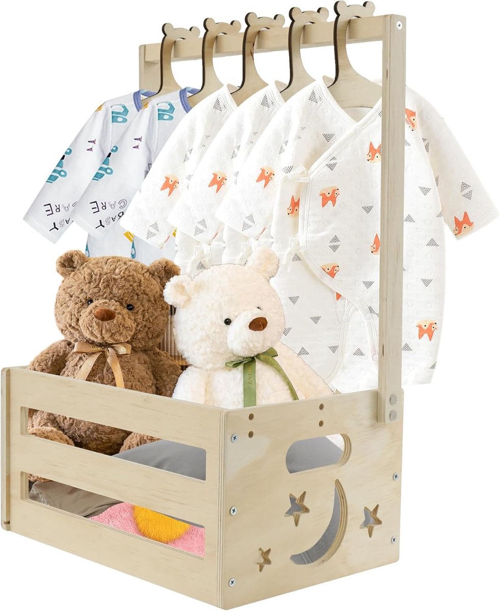 SnelShoppen - Houten Wasmand met Handvat voor Babyshower, Cadeau voor Pasgeborenen, Verjaardag, Feest, Kerst, Nieuwe Ouders (A)