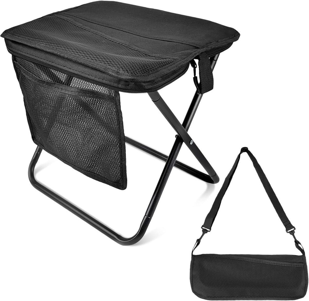 SnelShoppen - Opvouwbare Kruk met Zijzakken, Zwart Extra Groot Oxford Stof Campingstoel voor Hiking, Vissen en Buitenactiviteiten (33×27×32cm)