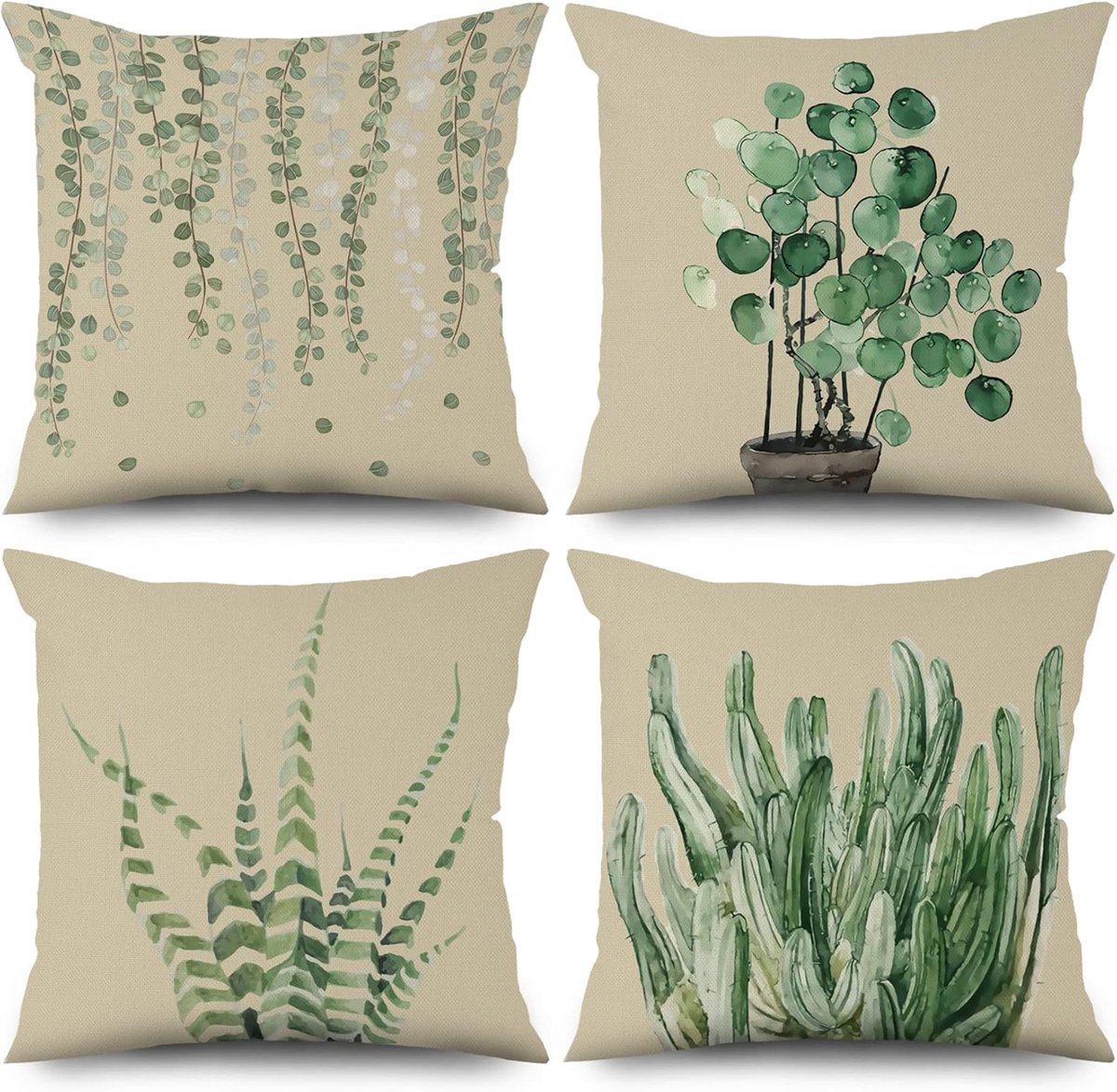 SnelShoppen - Set van 4 Decoratieve Kussenhoezen 40x40 cm met Groene Eucalyptus Bladeren en Cactus Aloe Beige voor Sofa, Wasbaar Polyester, Flax Texti