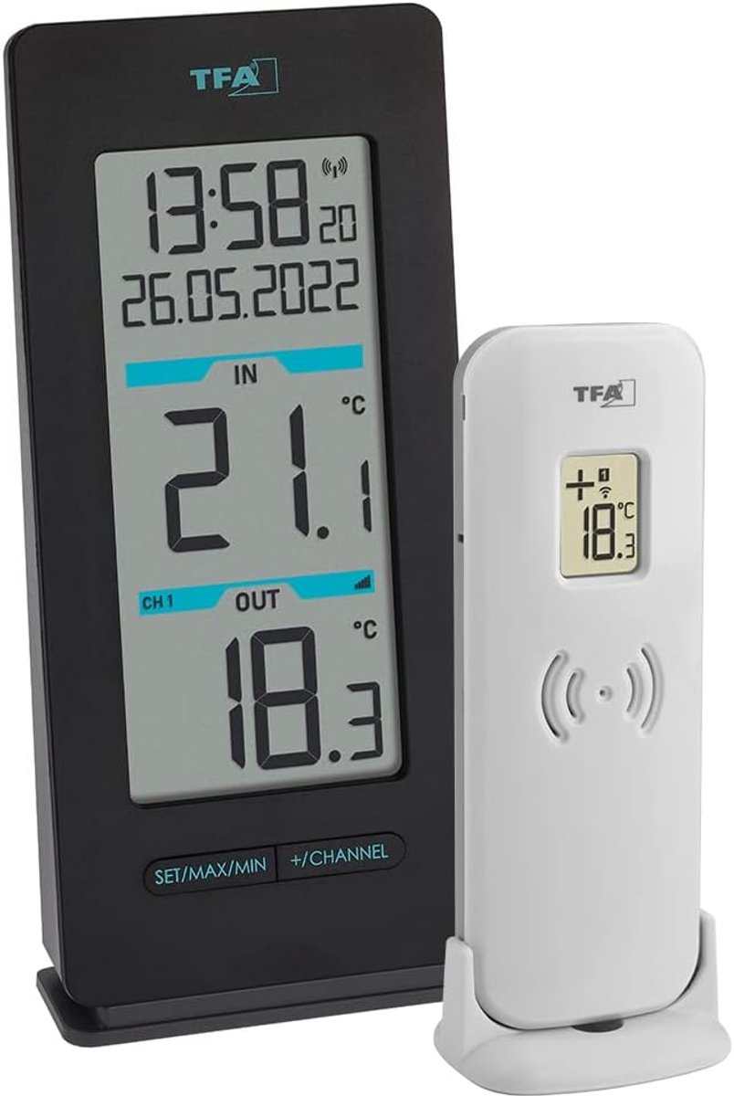 SnelShoppen - Draadloze Thermometer met Binnen- en Buitentemperatuur, Max en Min Waarden, Tijd en Datum, Backlight, Zwart, 69x30x150mm