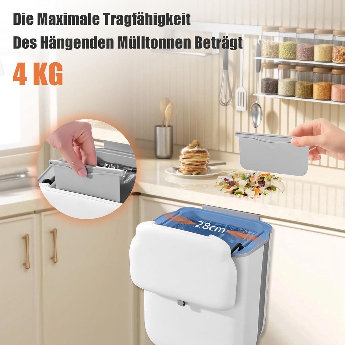SnelShoppen - Hangende Keukenafvalbak 10L met Deksel - Wandmontage, Compostemmer voor Badkamer, Keuken, Motorhome, Wit