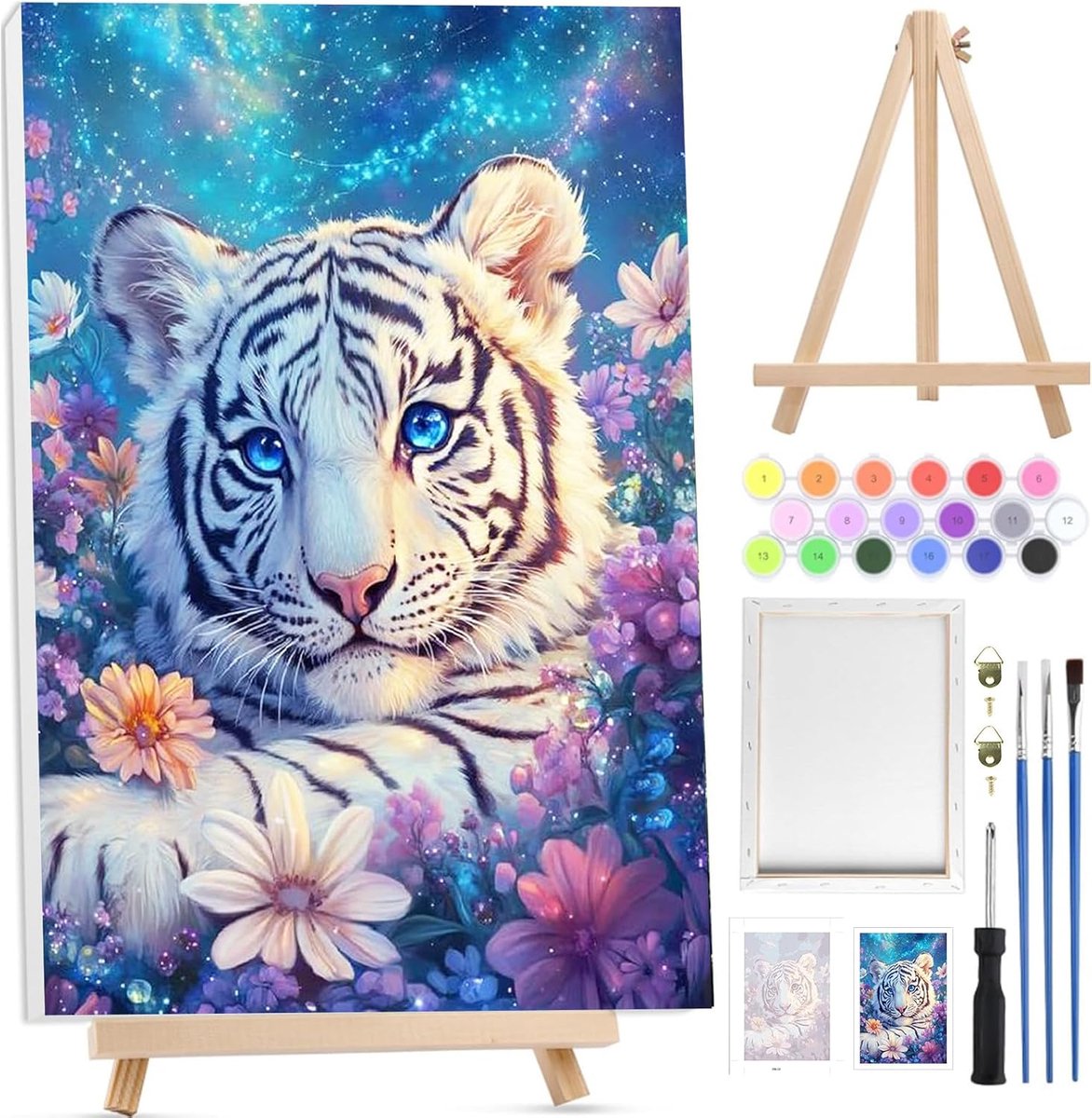 SnelShoppen - Paint by Numbers Set voor Volwassenen - Witte Tijger Schilderen op Canvas met Houten Easel, Acrylverf, Geschikt voor Beginners, Creatiev