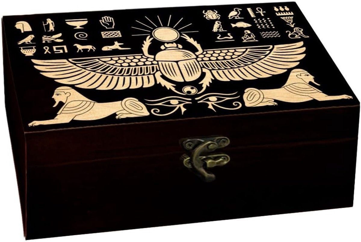 Houten Herinneringsdoos met Egyptisch Thema, Scarab, Oog van Horus en Hiërogliefen voor Sieraden en Cadeaus (24 x 14 x 8 cm)