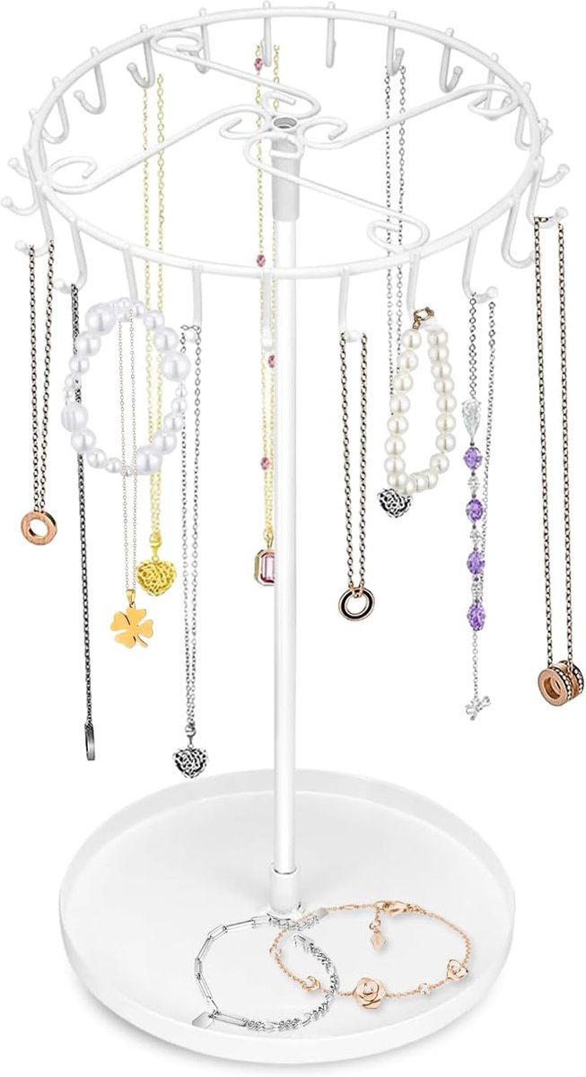 SnelShoppen - Rotating Jewelry Stand - Metalen Ketenopslag met Tray - Sieradenboom - Hangende Ketenhouder met 23 Haken - Voor Halskettingen, Armbanden