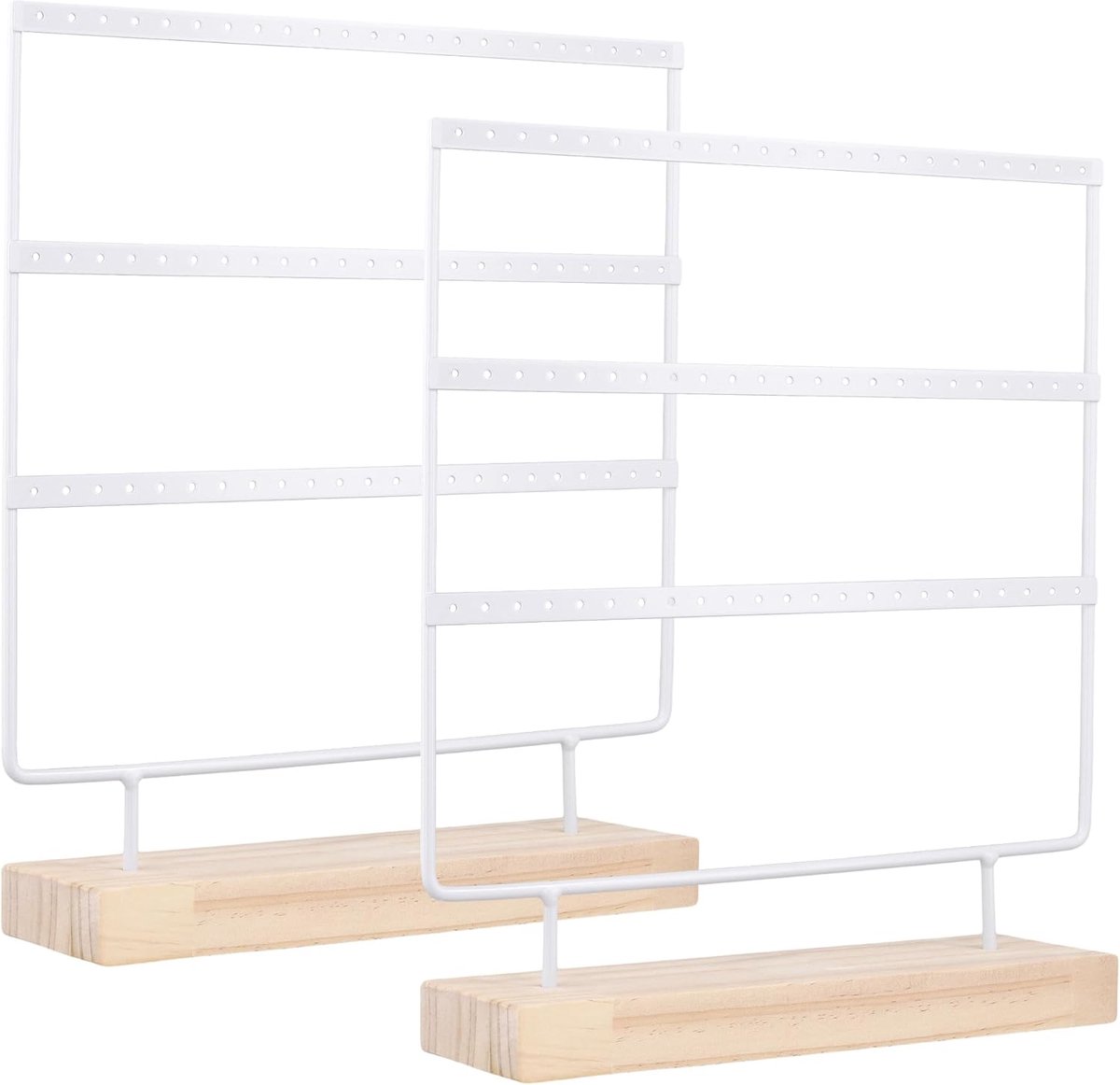 SnelShoppen - 2 Stuks IJzeren Oorbelstandaard met 3 Niveaus en 66 Gaten, Houten Sokkel, Sieradenstandaard voor Oorbellen, Wit, 27 x 7 x 31 cm