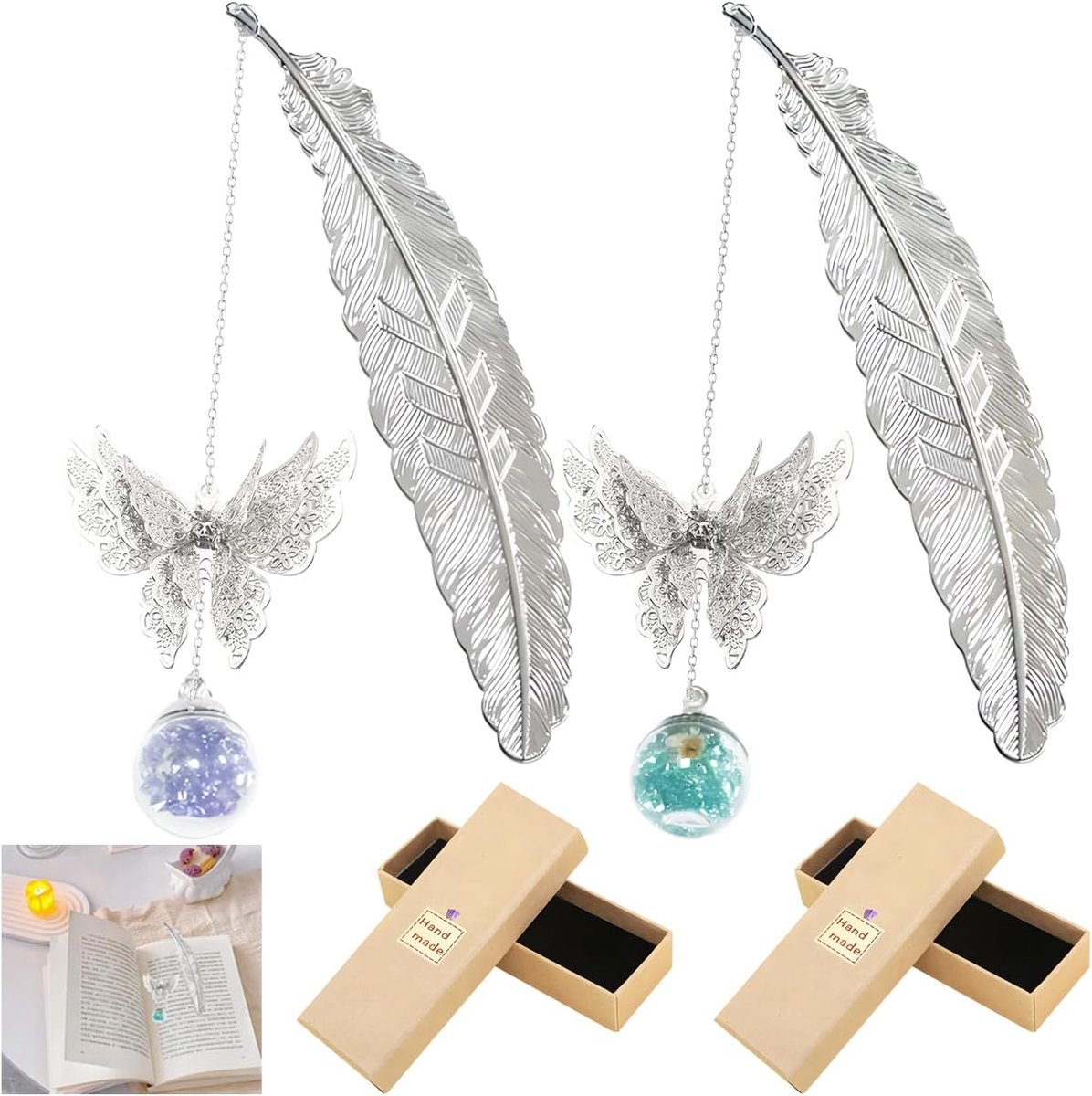 SnelShoppen - 2 Stuks Metalen Boekenleggers met Veer en 3D Vlinder Crystal Hanger - Vintage Zilveren Boekenleggers voor Lezers, Docenten, Cadeau voor
