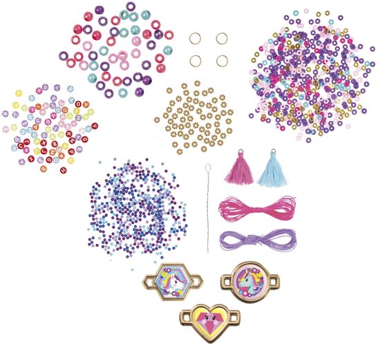 Set met 1500+ kralen in diverse kleuren en vormen, tassels, ringetjes en bedeltjes met eenhoorn- en hartmotief.