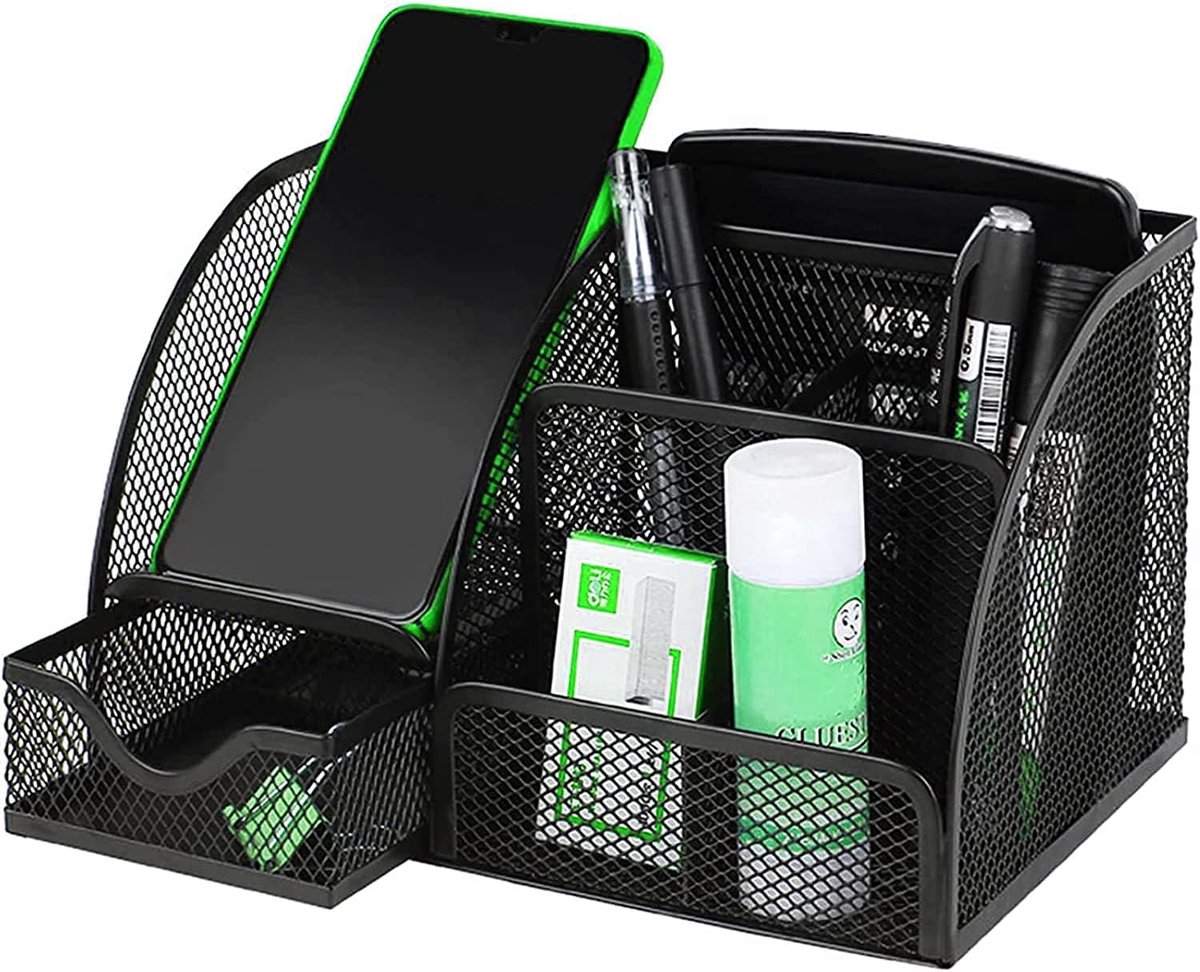 SnelShoppen - Desk Organiser, Multifunctionele Penhouder, Bureau Organiser, Metalen Pennenhouder, Zwart, Duurzaam en Stijlvol voor Thuis en Kantoor