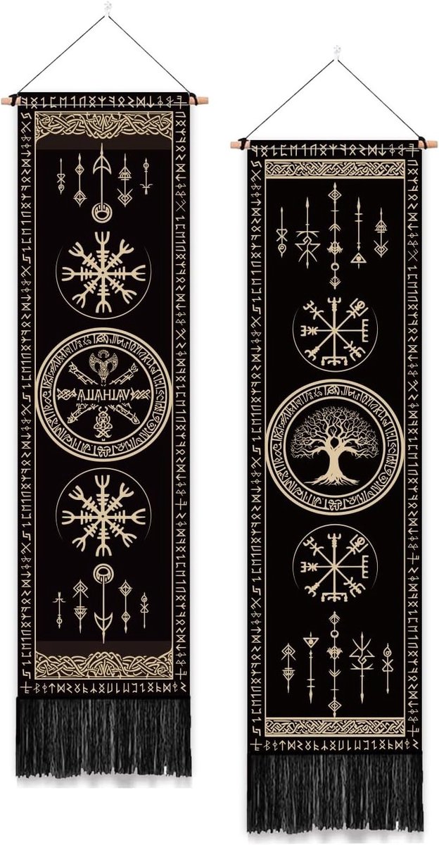 2 Stuks Viking Symbolen Wandtapijt met Kwasten - Boom des Levens Aesthetische Wanddecoratie voor Slaapkamer, Badkamer en Woonkamer - Lange Smalle Wandversiering