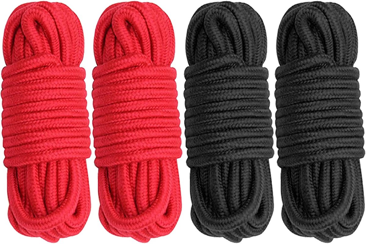 SnelShoppen - Soft Cotton Rope - All Purpose Dikke Katoenen Touw - 8mm Diameter - 5m Lang - Set van 4 - Zwart en Rood - Perfect voor Tuin, Camping, Ho