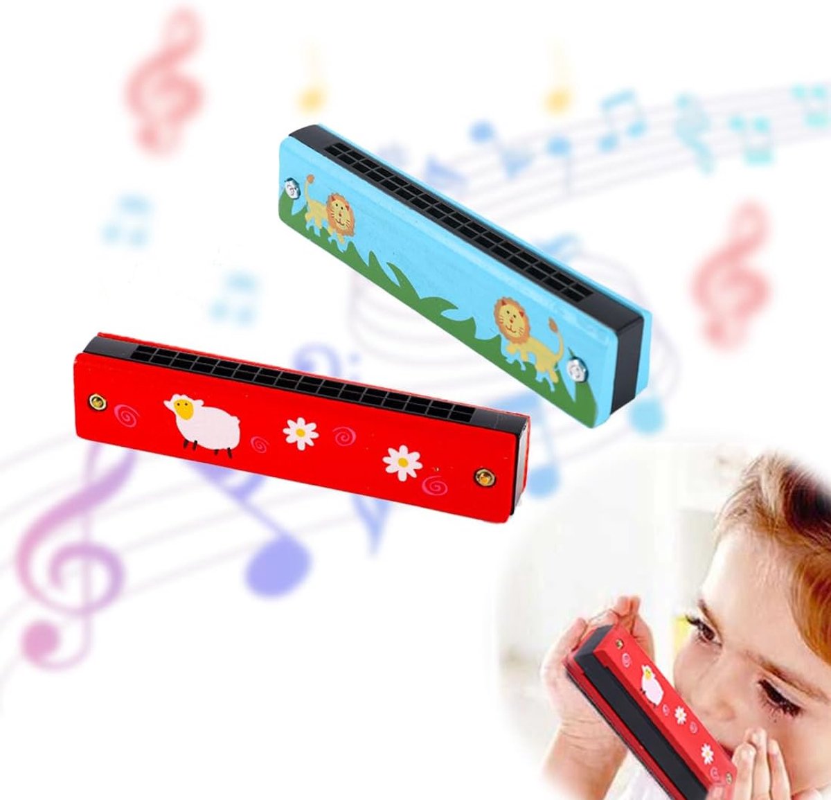 SnelShoppen - 2 Stuks Harmonica's 16 Holes voor Kinderen - Muzikaal Speelgoed van Hout - Perfecte Kerst- en Verjaardagscadeaus