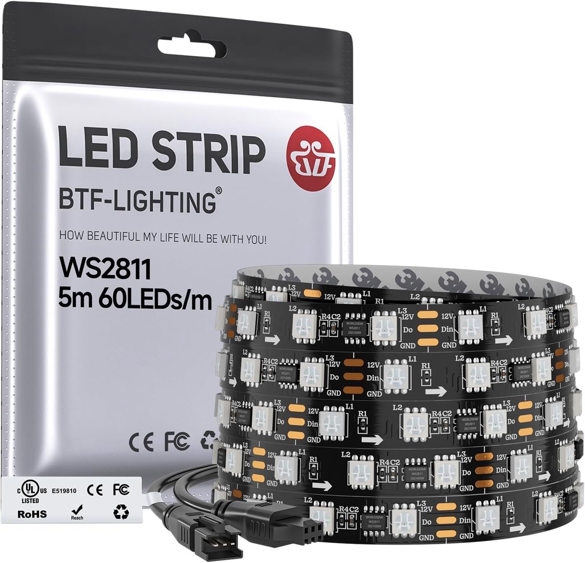 Thijox - WS2811 RGB Adresseerbare LEDstrip 5m - 60 LEDs/m - 20 Pixels/m - Flexibel - IP30 Niet Waterdicht - Zwart PCB - Looplichteffect voor Feest, Tu