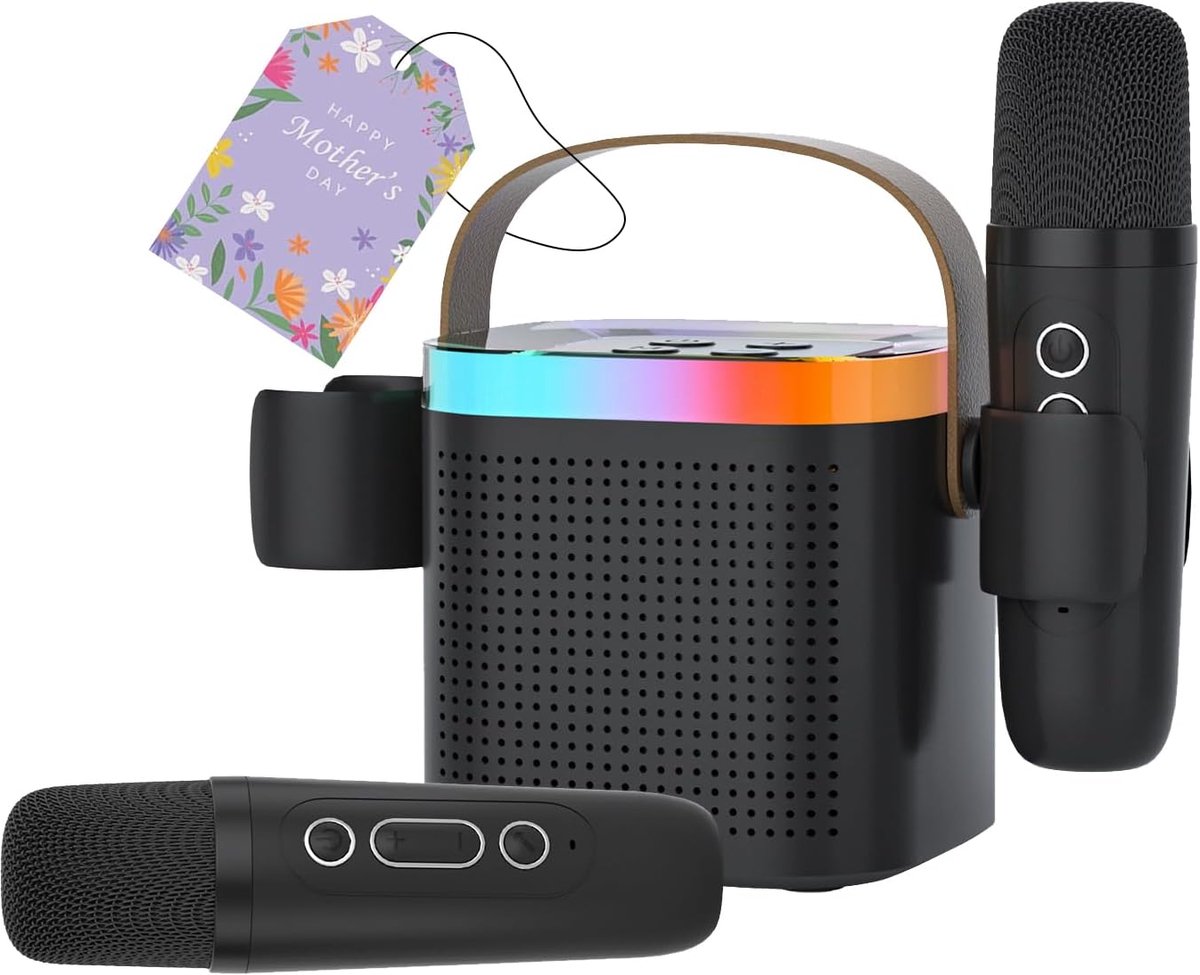 SnelShoppen - Karaoke Machine met 2 Microfoons, Draagbare Bluetooth Karaoke Speaker, Microfoon Set met Stemverandering en LED Licht, Perfect Cadeau vo