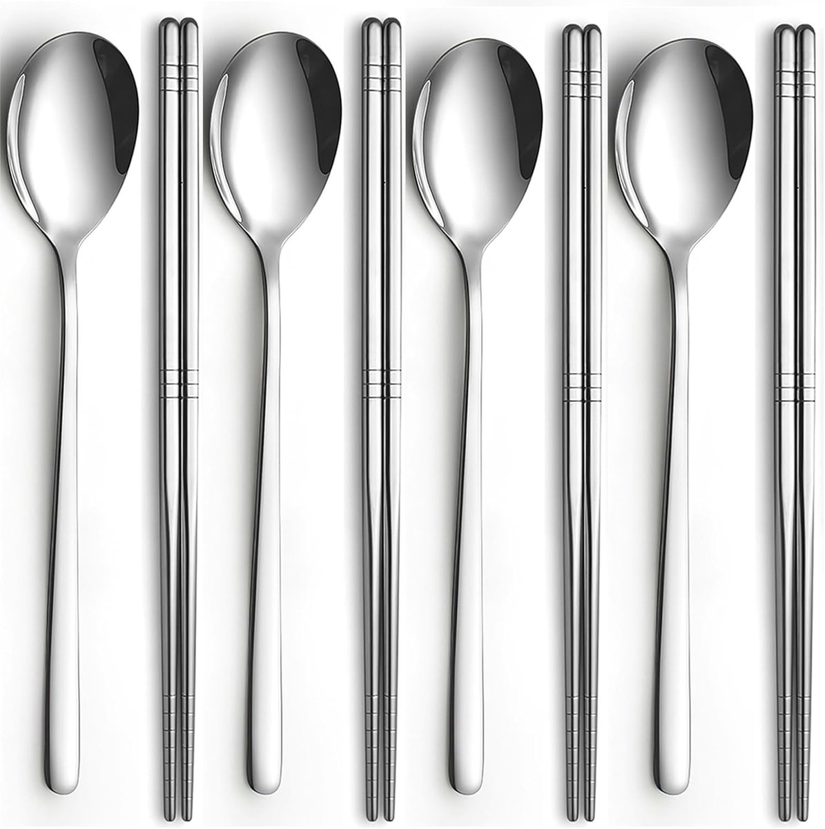 SnelShoppen - Set van 4 Paar RVS Eetstokjes en 4 Lepels, Koreaanse RVS Eetstokjes, Herbruikbaar, Metalen Flat Long Handle, Keuken en Restaurant Set