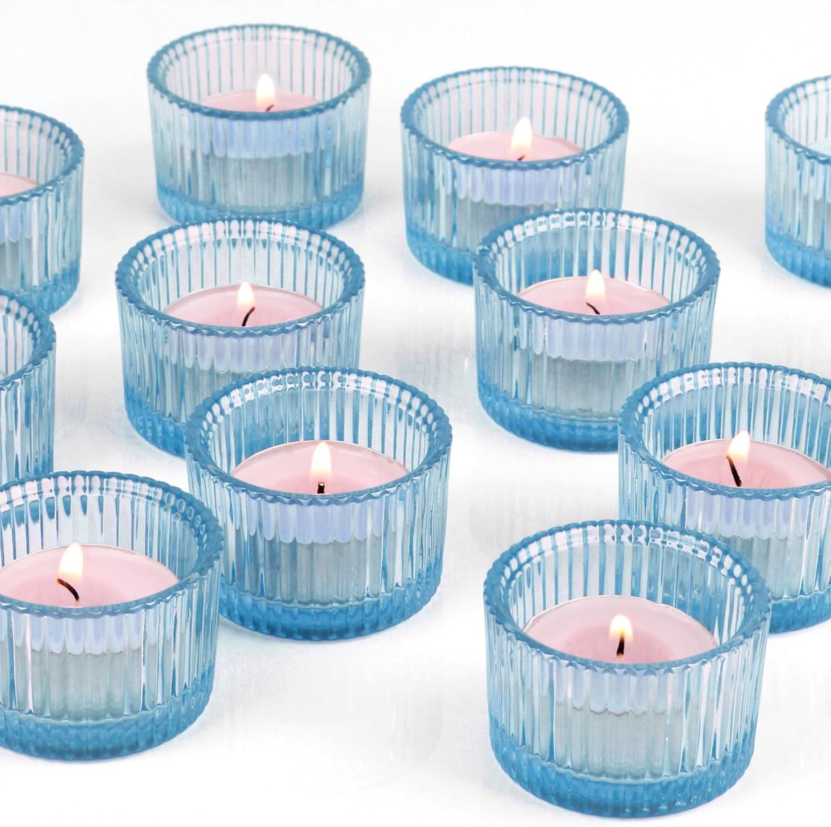 SnelShoppen - Theelichthouder Set 12 Stuks, Elegante Glazen Theelichtjes voor Diner, Bruiloft, Verjaardag, Kerst, Woonkamer, Cadeau (Blauw)