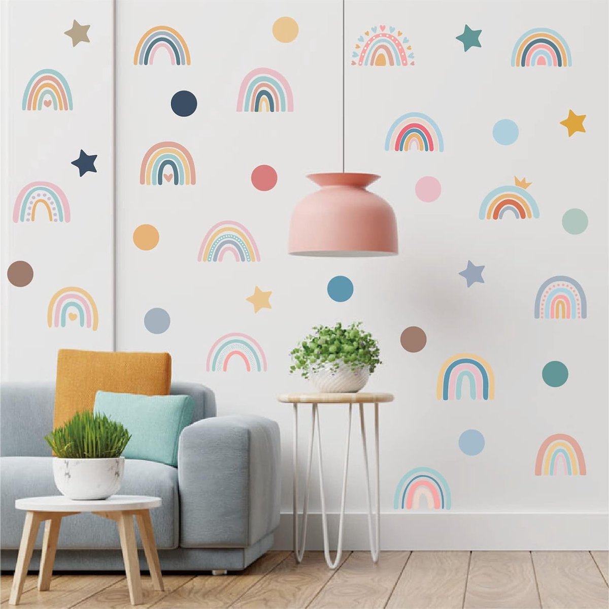 Kleurrijke Regenboog Muurstickers met Sterren en Dots - Verwijderbare DIY Wanddecoraties voor Meisjeskamer, Kinderkamer en Thuisdecoratie
