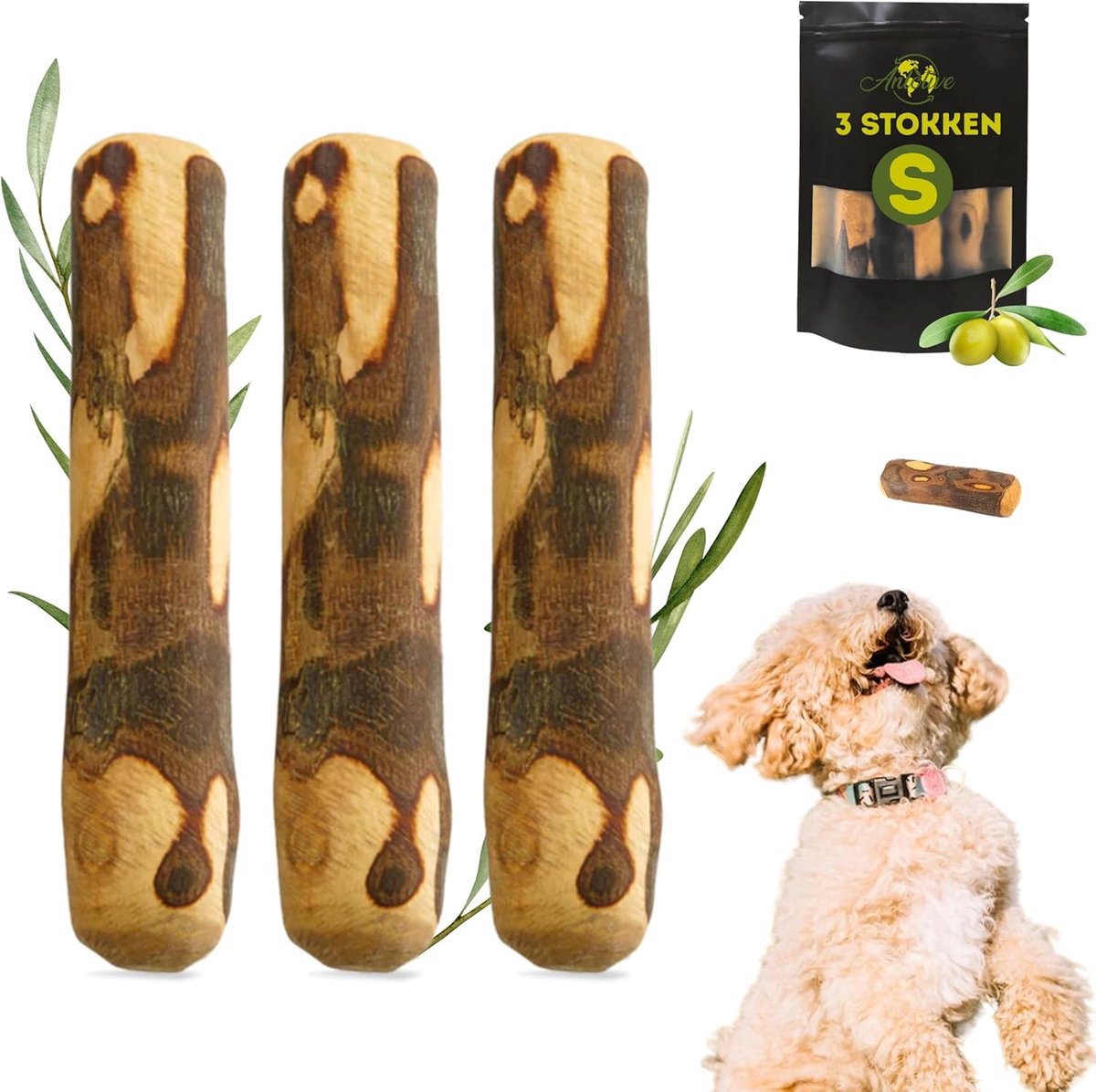 Thijox - Set van 3 Natuurlijke Kauwstaven Maat S 15 cm voor Kleine Honden | Veilig, Gezond en Duurzaam Olijfhout Speelgoed | Verzorgt Gebit, Verminder