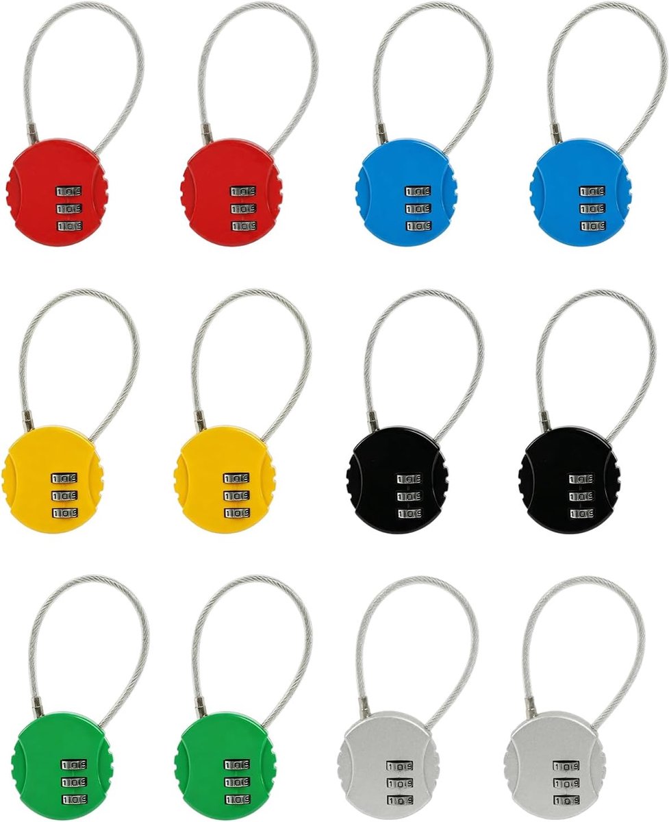 SnelShoppen - Pack van 12 Combinatiesloten, Hangsloten, 3-Cijferige Ronde Bagagesloten, Roestvrij Metalen Koffer Slot, Mini Wachtwoord Slot voor Rugza