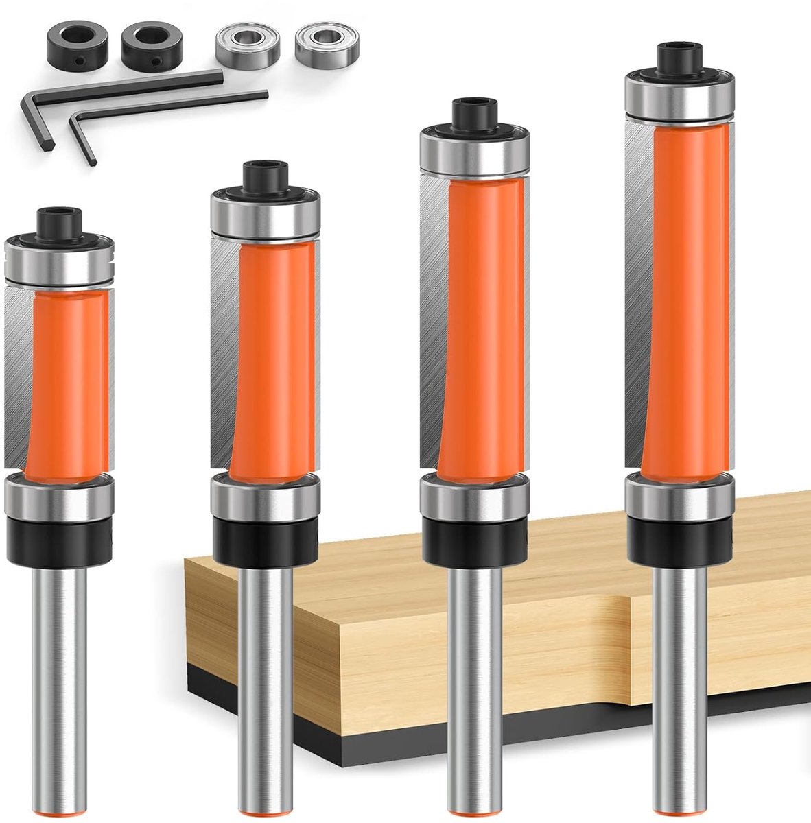 SnelShoppen - Set van 4 Vlakfrezen 6 mm Schacht - Houtbewerkingsgereedschap met Boven- en Onderste Lager - Kopieerfrezen voor Bovenfrees voor Precisie