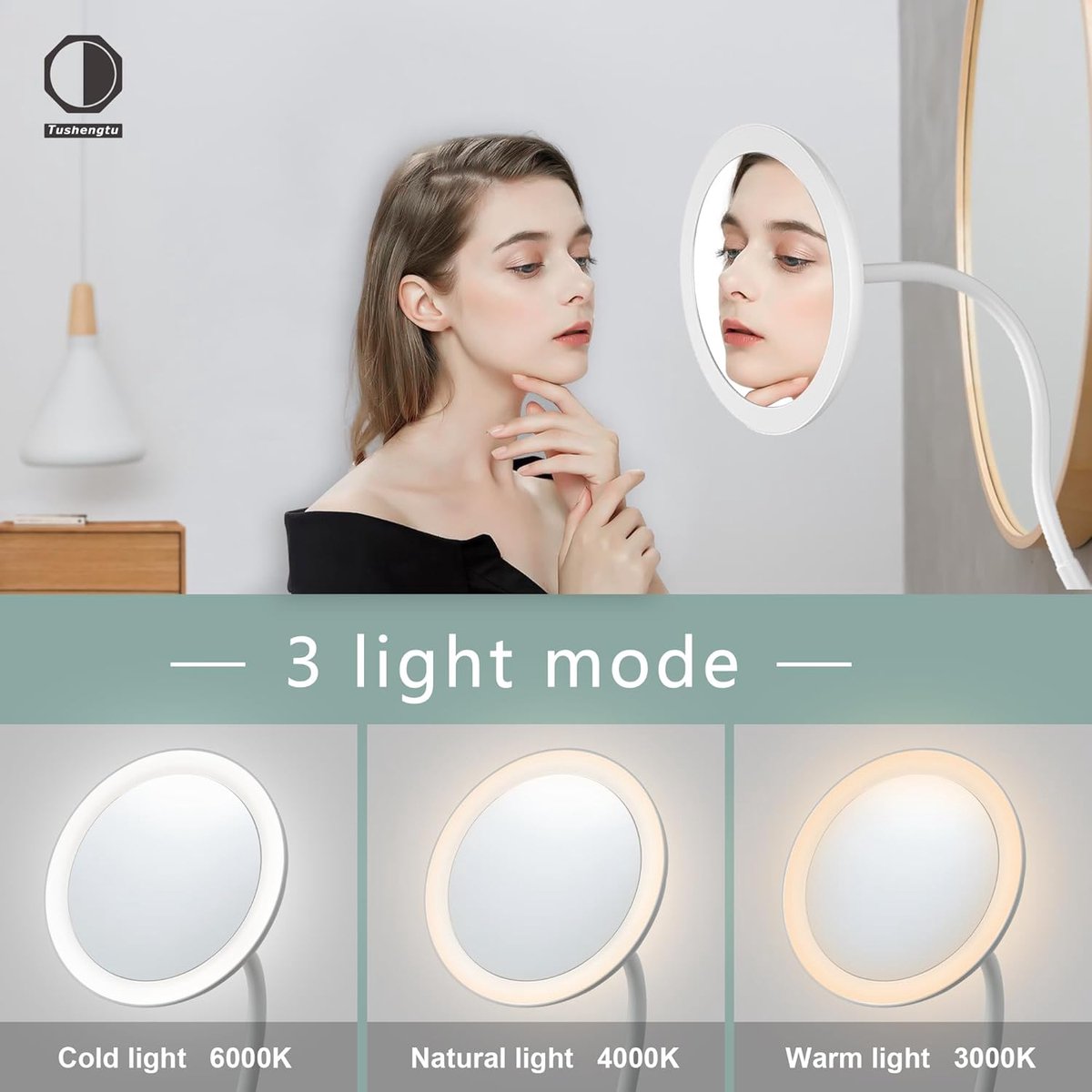Thijox - 10X Vergrotende Clip-on Make-upspiegel Zwanenhals met Licht, 16,5 cm Badkamerspiegel, USB Oplaadbaar 2000mAh, 360° Roterend, Draagbare Reisma