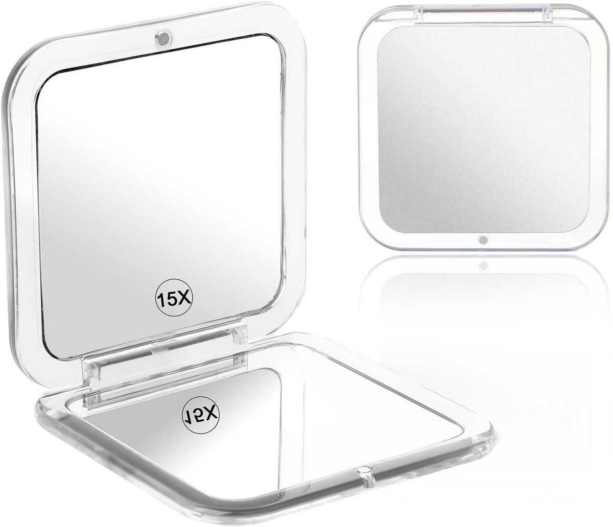 Thijox - Vierkante compacte klapspiegel 1x/15x vergroting, make-upspiegel voor onderweg, zakformaat, opvouwbaar, draagbaar, grijze acrylglas spiegel