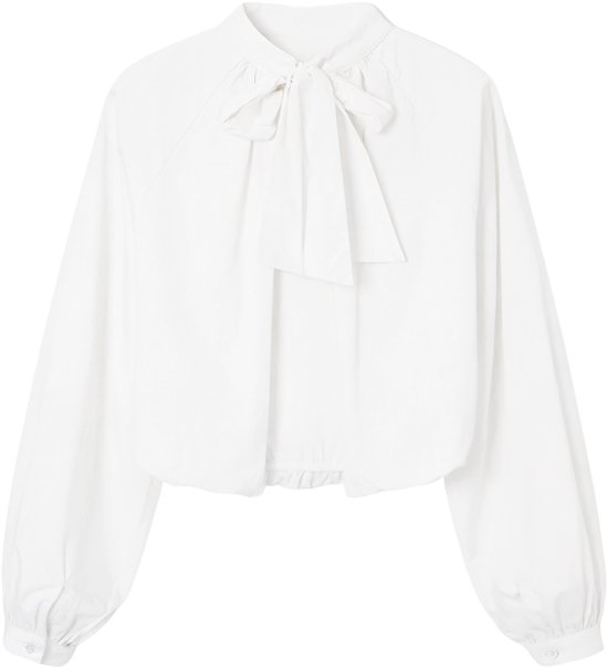 Gebroken witte blouse met strik aan de voorkant, hoge hals en ballonmouwen.
