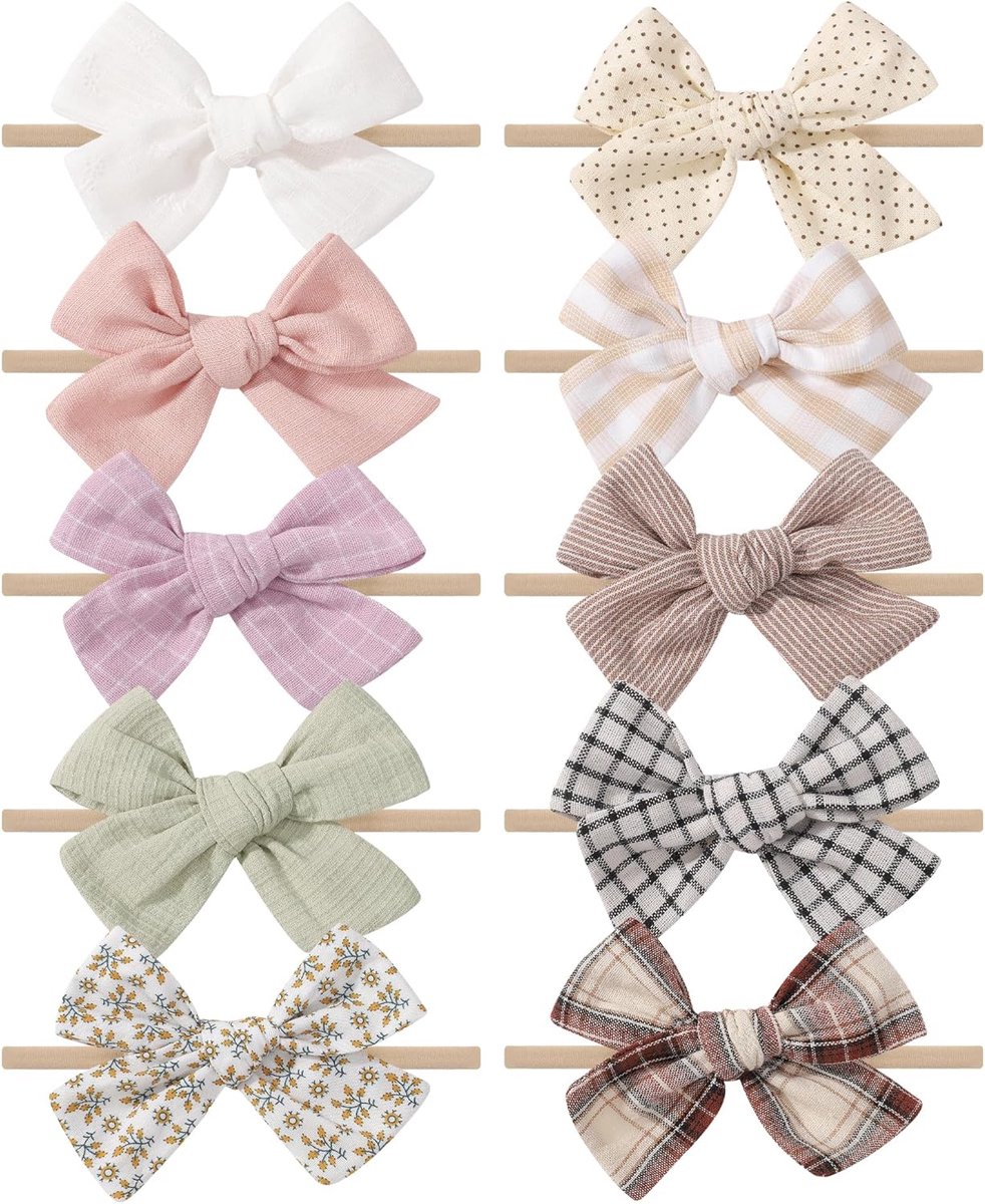 SnelShoppen - 10Pcs Baby Meisjes Hoofdbanden Haarstrikken Nylon Katoen Linnen Handgemaakte Haaraccessoires voor Baby, Peuters en Kinderen - Perfect vo