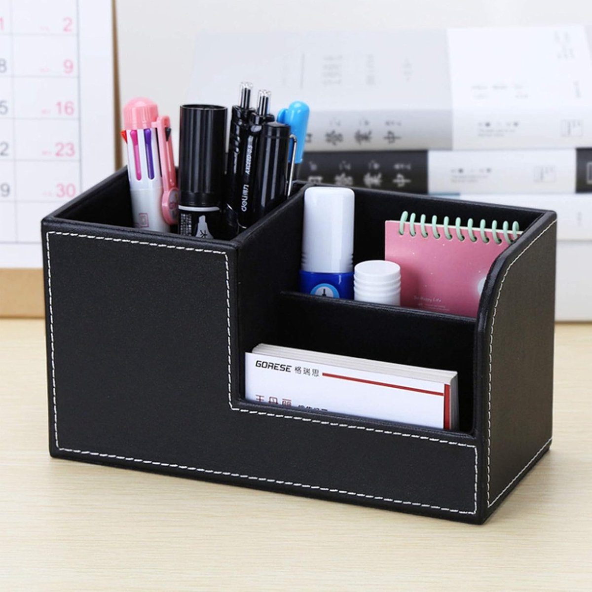 Thijox - Lederen Bureau-organizer, Multifunctionele Office PU Lederen Opbergdoos, Zwarte Pennenhouder met 3 Vakken voor Kantoor, Organisatie en Opslag