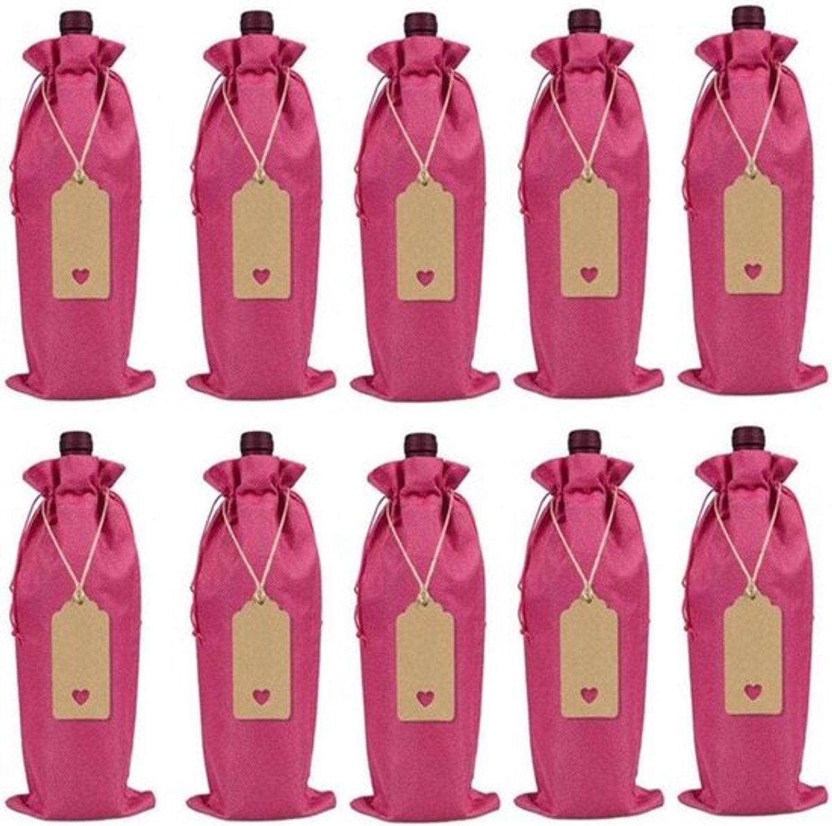 12 stuks linnen wijnzakken met trekkoord voor cadeauverpakking - geschikt voor bruiloft, Kerstmis en verjaardag - roze - 14 x 37 cm