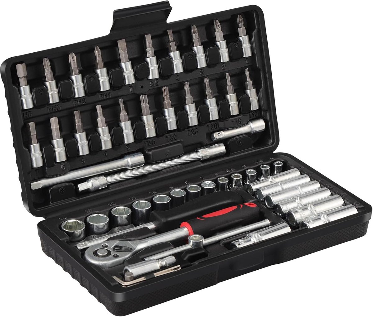 SnelShoppen - 53-delige 1/4 Inch Drive Dopsleutelset, CR-V Staal, Diverse Opzetstukken, Flexibele Verlengstangen, Perfect voor Auto Reparatie, Klussen