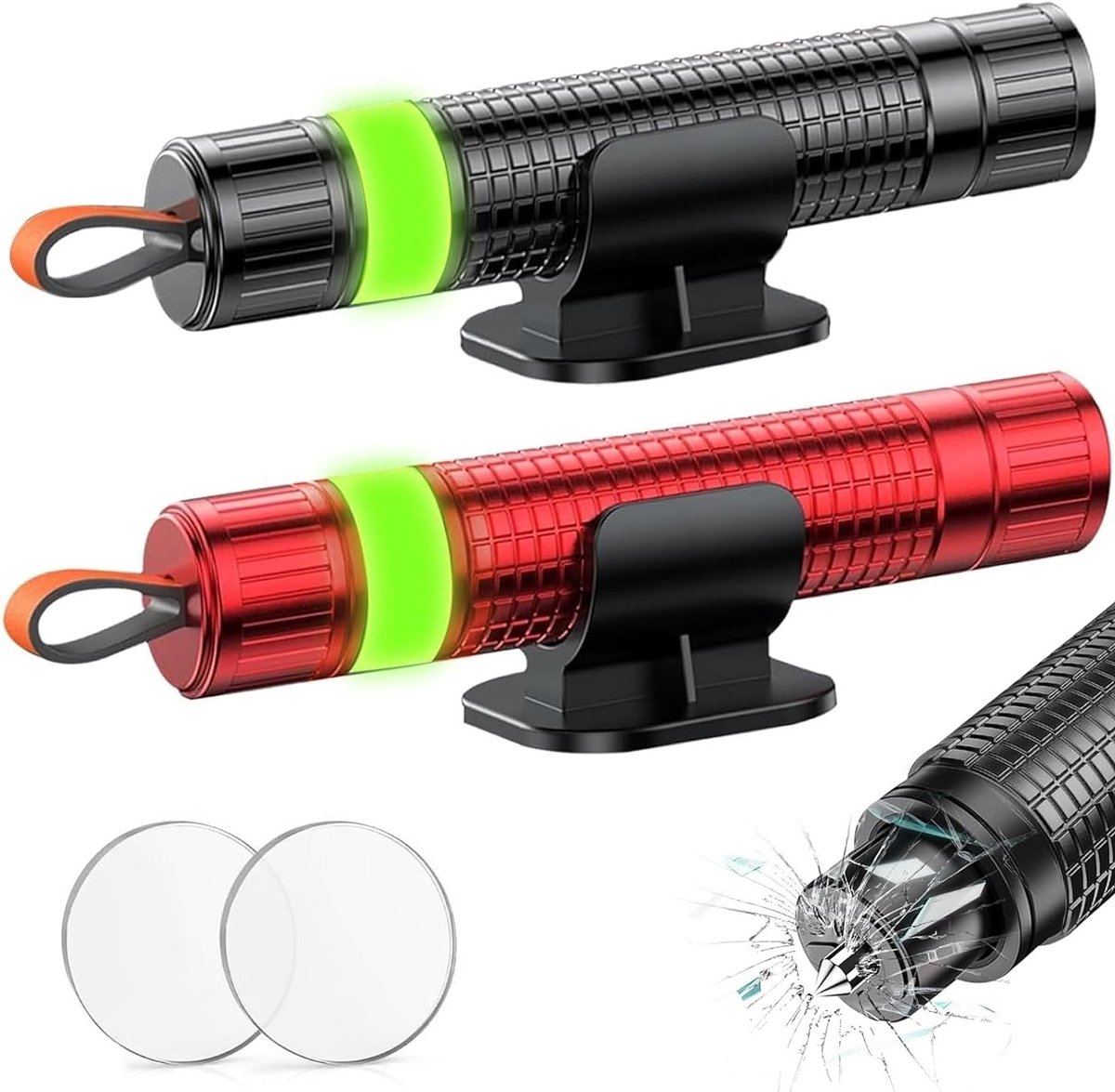 2 stuks - Veiligheidshamer - Noodglasbreker - Auto Hamer - Noodhamer - 2 in 1 Safety Hammer & Gordelsnijder - Inclusief Testglas & Zelfklevende Houder -Lichtgevend in het donker - Veiligheid - Rood，Zwart