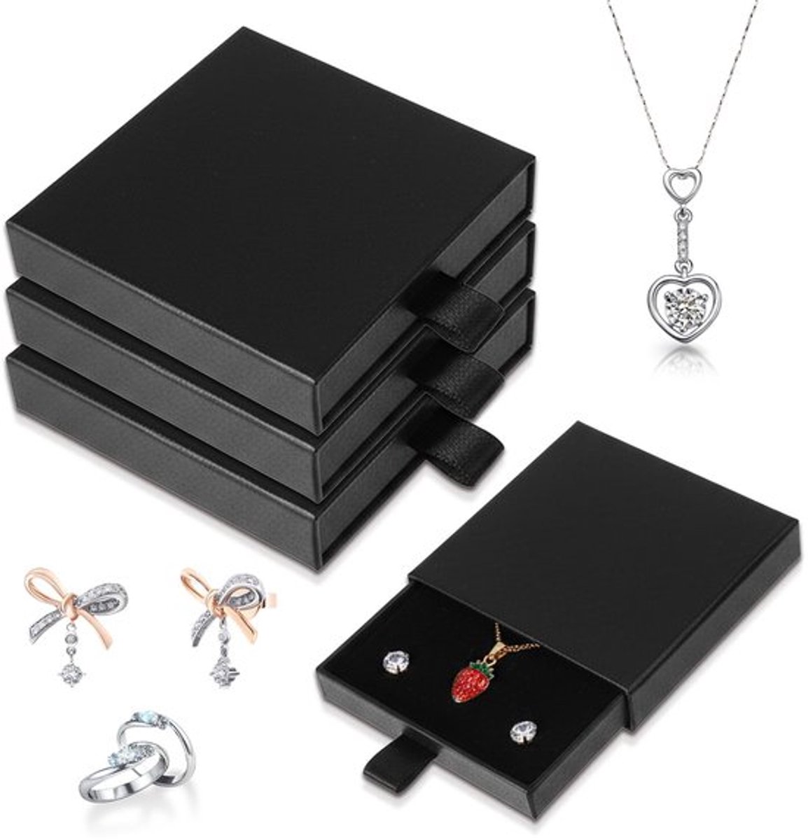Sieradenbox Zwart - Sieraden Opberger - Sieraden Opberger met Ritsen - 4 Stuks - 8 x 8 x 1.8 cm - Schokbestendig en Beschermend - Sieradenopberger