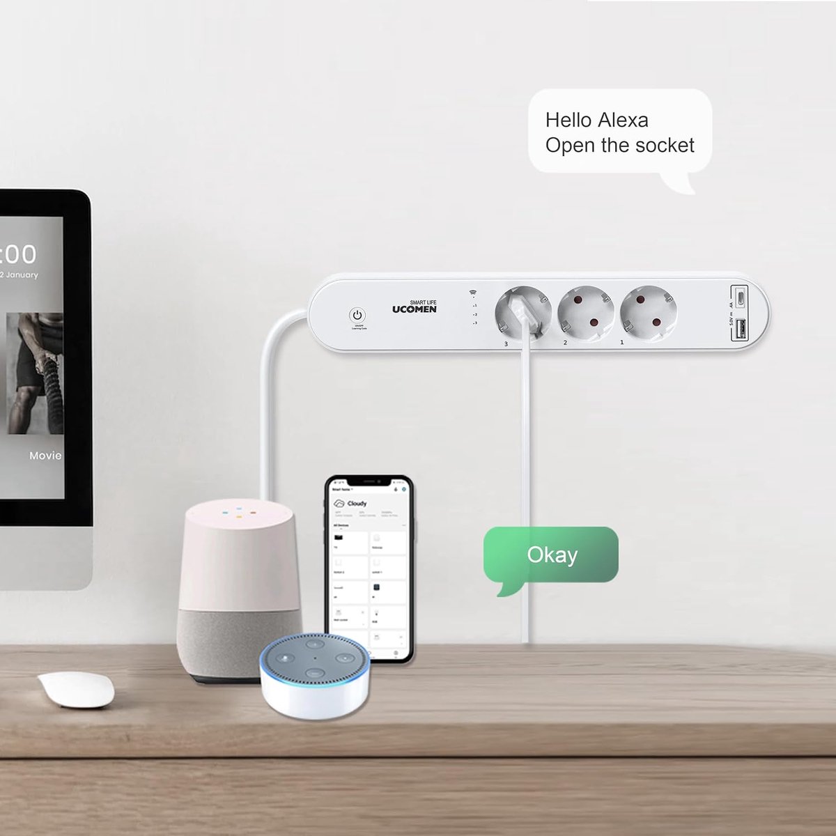SnelShoppen - Slimme WiFi Stekkerdoos met USB-A+C 17W, 16A/3680W, 1.5m Kabel, Compatibel met Alexa en Google Home, Ideaal voor Thuis en Kantoor