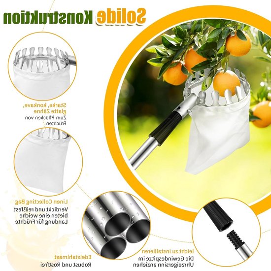 Fruitplukker - Appelplukker - Lange fruitpluktool met telescopische steel - Fruitgrijper met telescopische steel en opbergtas - fruitpluktool voor kersen, bessen, sinaasappels, peren, citroenen - Snoeigereedschap — afbeelding 5