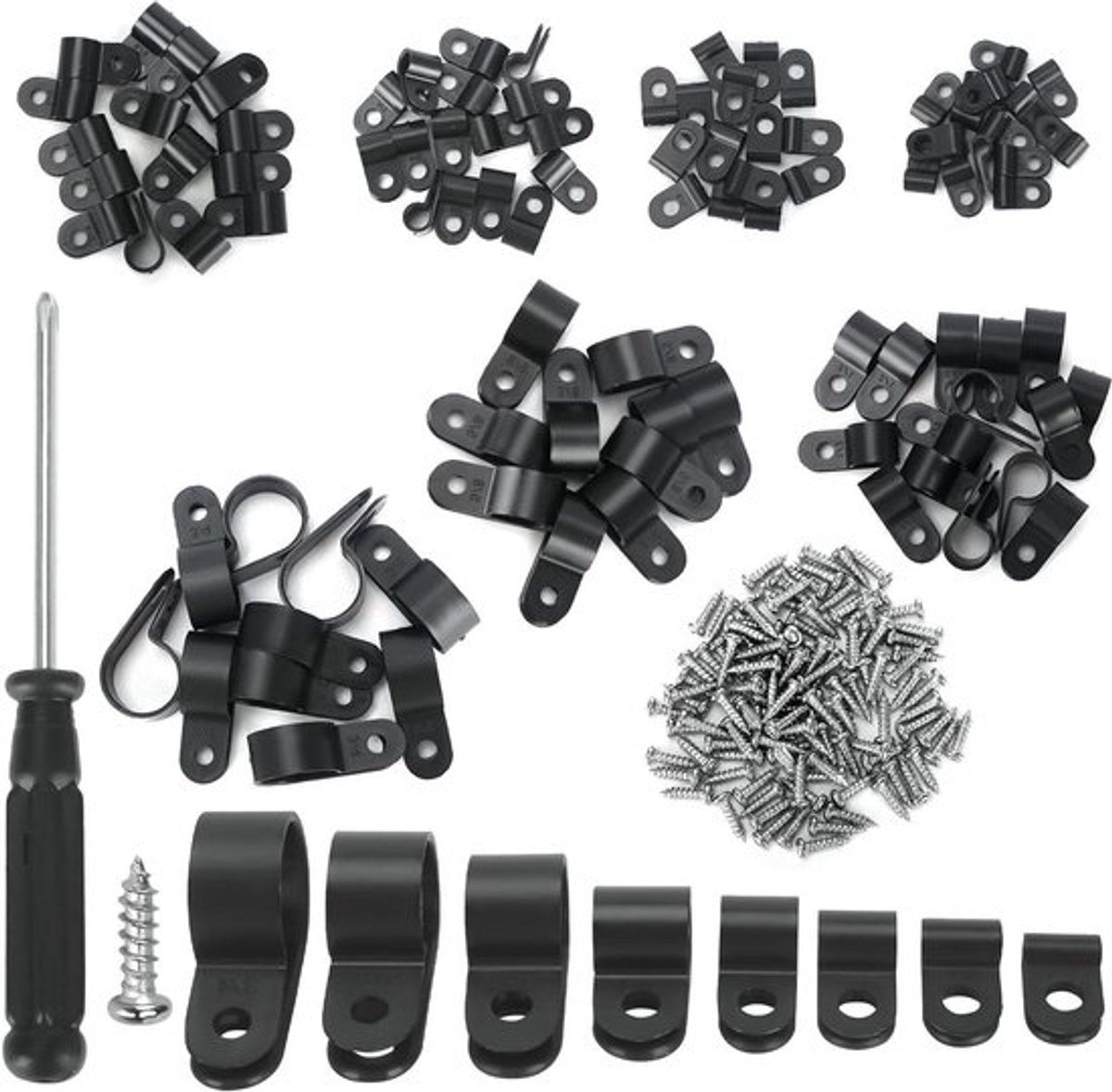 Kabelhouder set met 221 R-type klemmen en 110 schroeven, diverse maten, zwart.