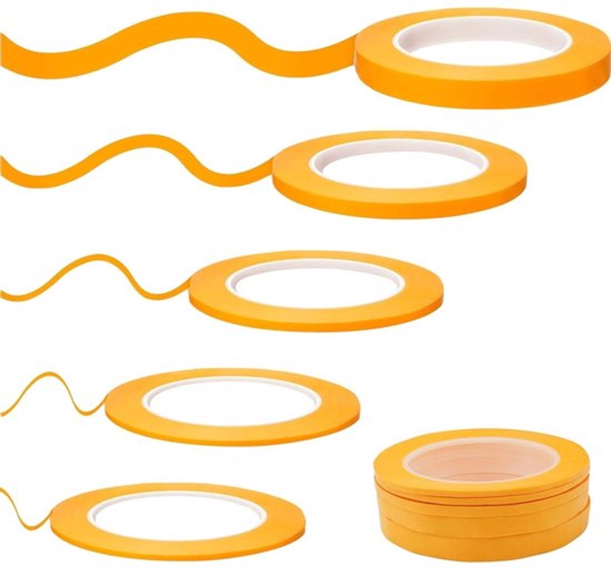 5 rollen fineline-tape in diverse breedtes, 50 meter per rol, oranje schildertape voor autolak, schilderwerk en decoratie