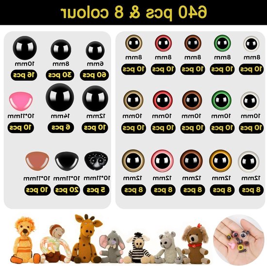 620 stuks Veiligheidsogen en Neus, Multicolore Amigurumi Ogen voor Haakwerk 6-14mm, Knuffeldier Ogen met Wasringen voor Haken en Creatief Handwerk — afbeelding 5