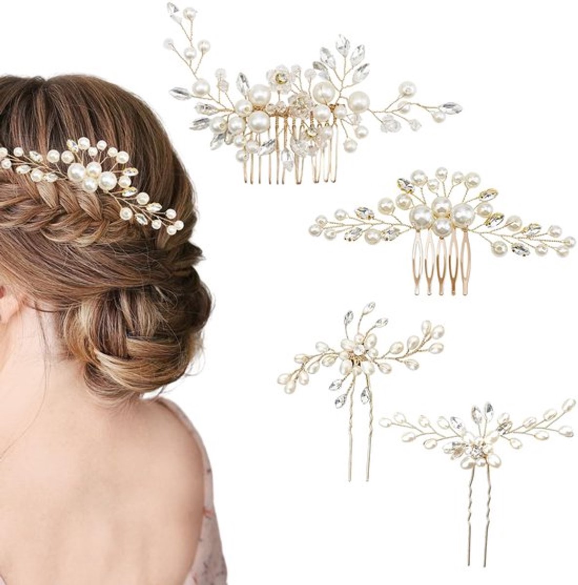 Haarkam Bruiloft - 4 Stuks - Kunstparels/Glas - Gouden/Witte Haaraccessoires - Lichtgewicht/Duurzaam - Geschikt voor Diverse Kapsels - Haaraccessoire