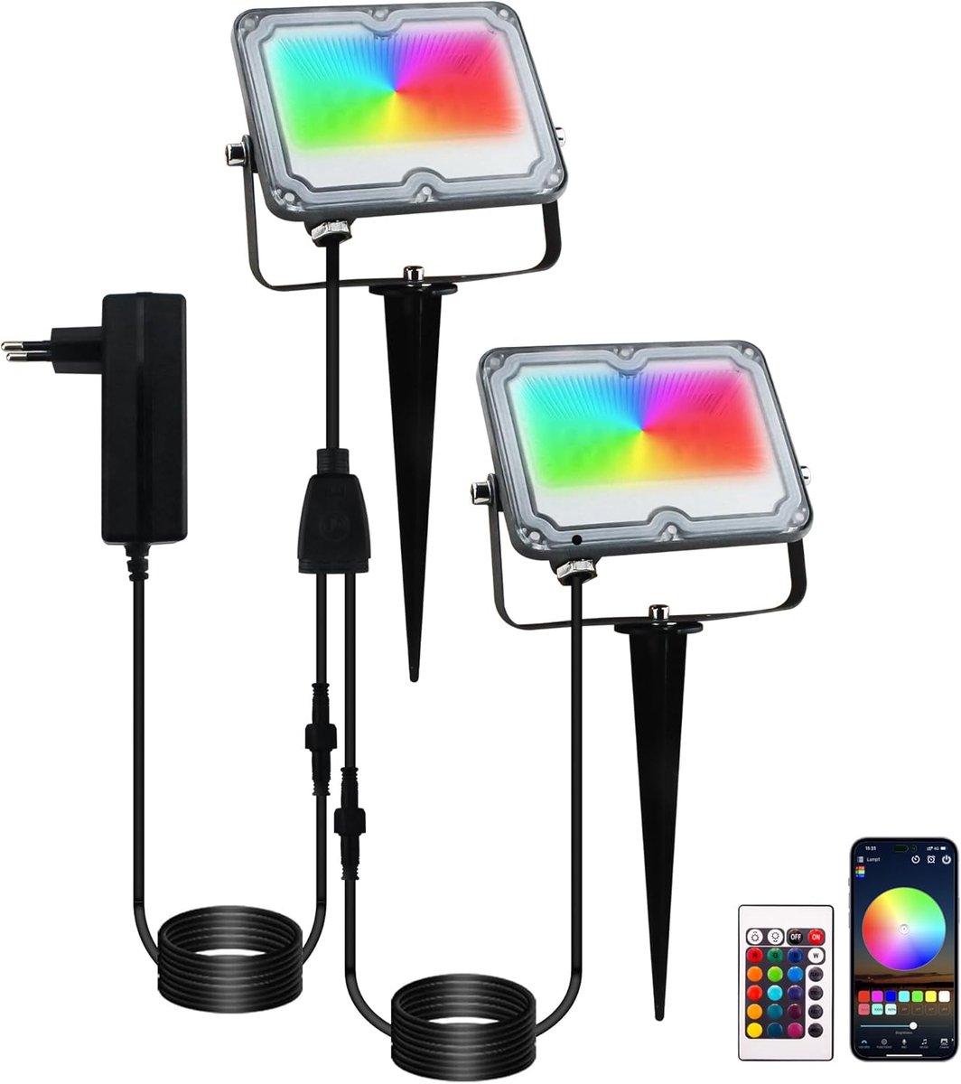 SnelShoppen - RGB Tuin Spotlicht Set van 2, LED Buitenverlichting met Grondpen, IP66 Waterdicht, Afstandsbediening en Bluetooth App, Spot LED voor Tui