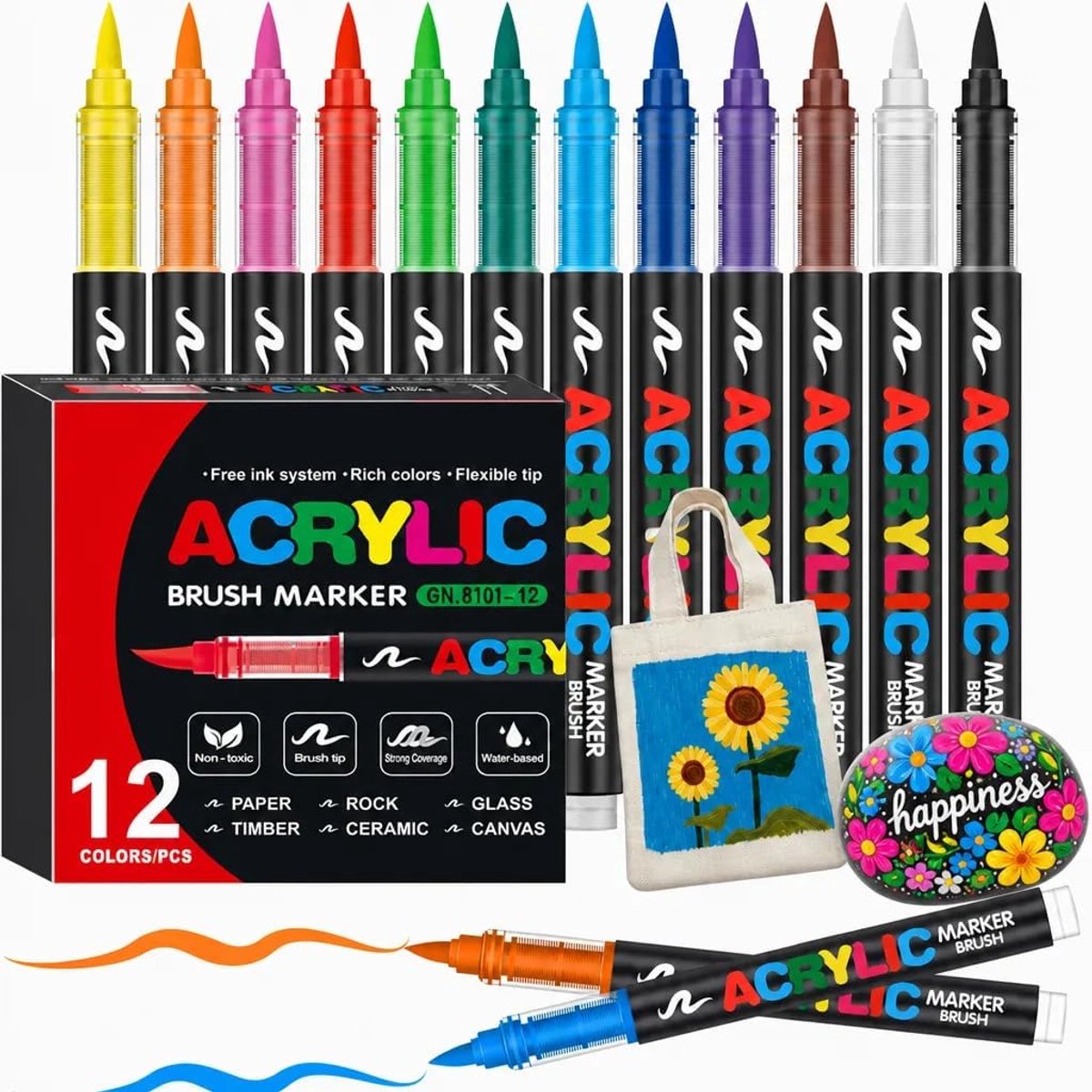 SnelShoppen - 12 Acrylic Pens met Flexibele Borstelpunt (1-5mm) - Waterdichte en Sneldrogende Markers - Watergedragen Permanent voor Steen, Keramiek,