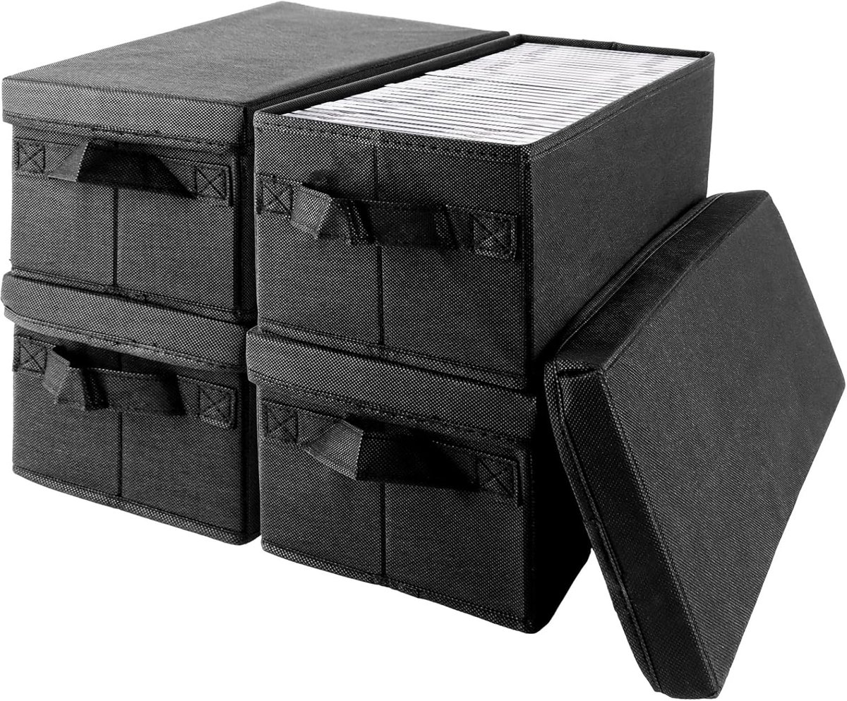 SnelShoppen - CD Opbergdoos met Handvat - 4 Stuks, Opbergbox voor 36 DVDs, Wasbare Doos met Deksel, Stof, Zwart voor Thuis, Kantoor, Feest en Meer