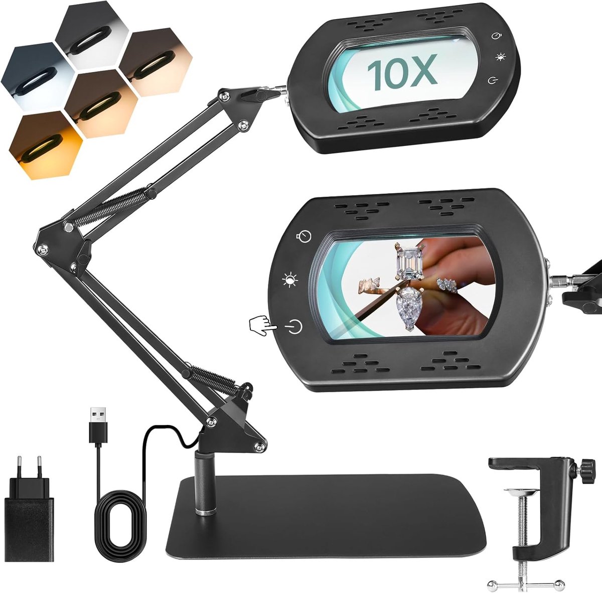 SnelShoppen - Vergrootglas met 10x Vergroting en Houder, LED Verlichting, 5 Kleurtemperaturen, Bureau Lamp met Klem voor Lezen, Reparaties, Knutselen
