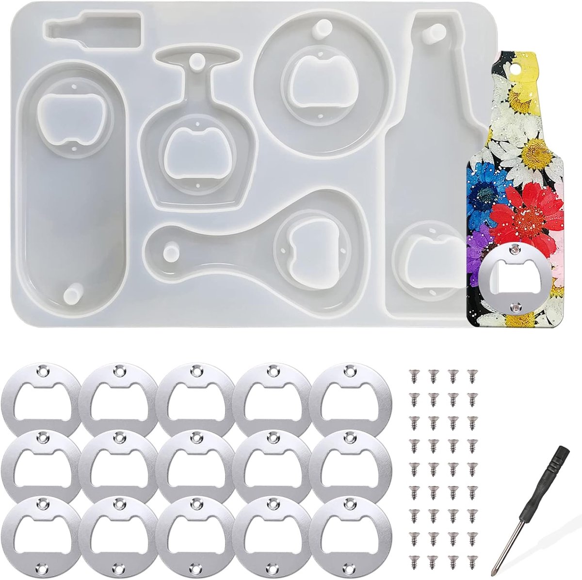 SnelShoppen - Bottle Opener Set Resin Molds Met 15pcs Metaal Inserts Hardware, DIY Crafts, Silicone Epoxy Sleutelhanger Mallen, Perfect Voor Feest, Ca
