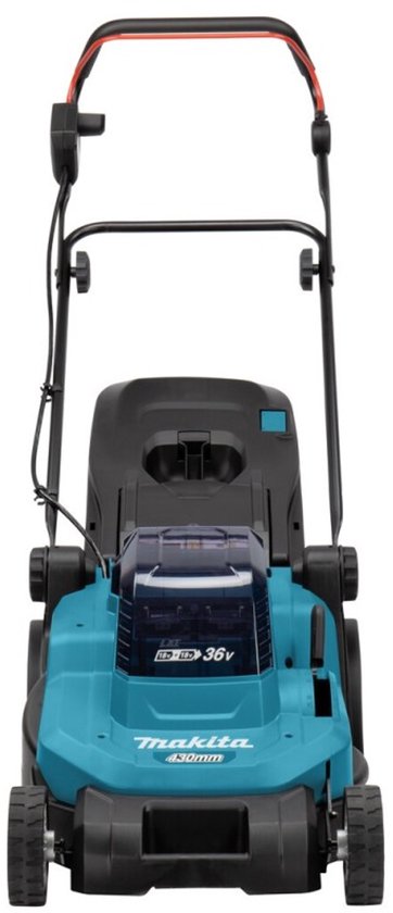 Turquoise grasmaaier met zwarte handgrepen, wielen en opvangzak. 36V aanduiding op de voorkant.