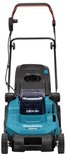 Turquoise grasmaaier met zwarte handgrepen, wielen en opvangzak. 36V aanduiding op de voorkant.