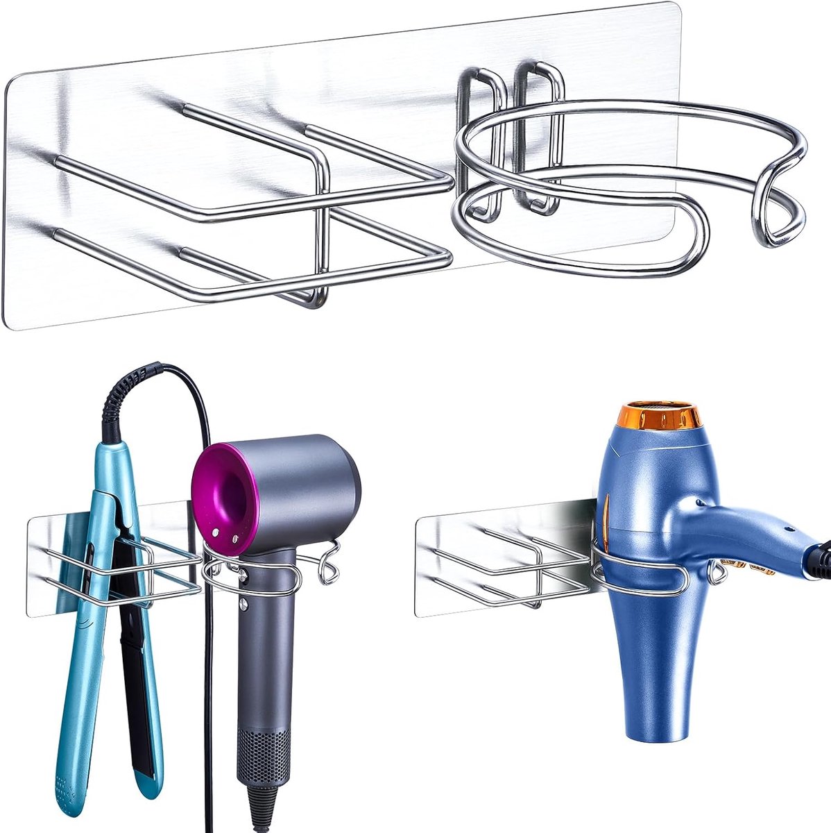 SnelShoppen - Haar Föhn & Steamer Houder zonder Boren - RVS Hair Dryer Holder voor Badkamer - Praktische Opbergoplossing voor Föhn en Steamer - Stijlv