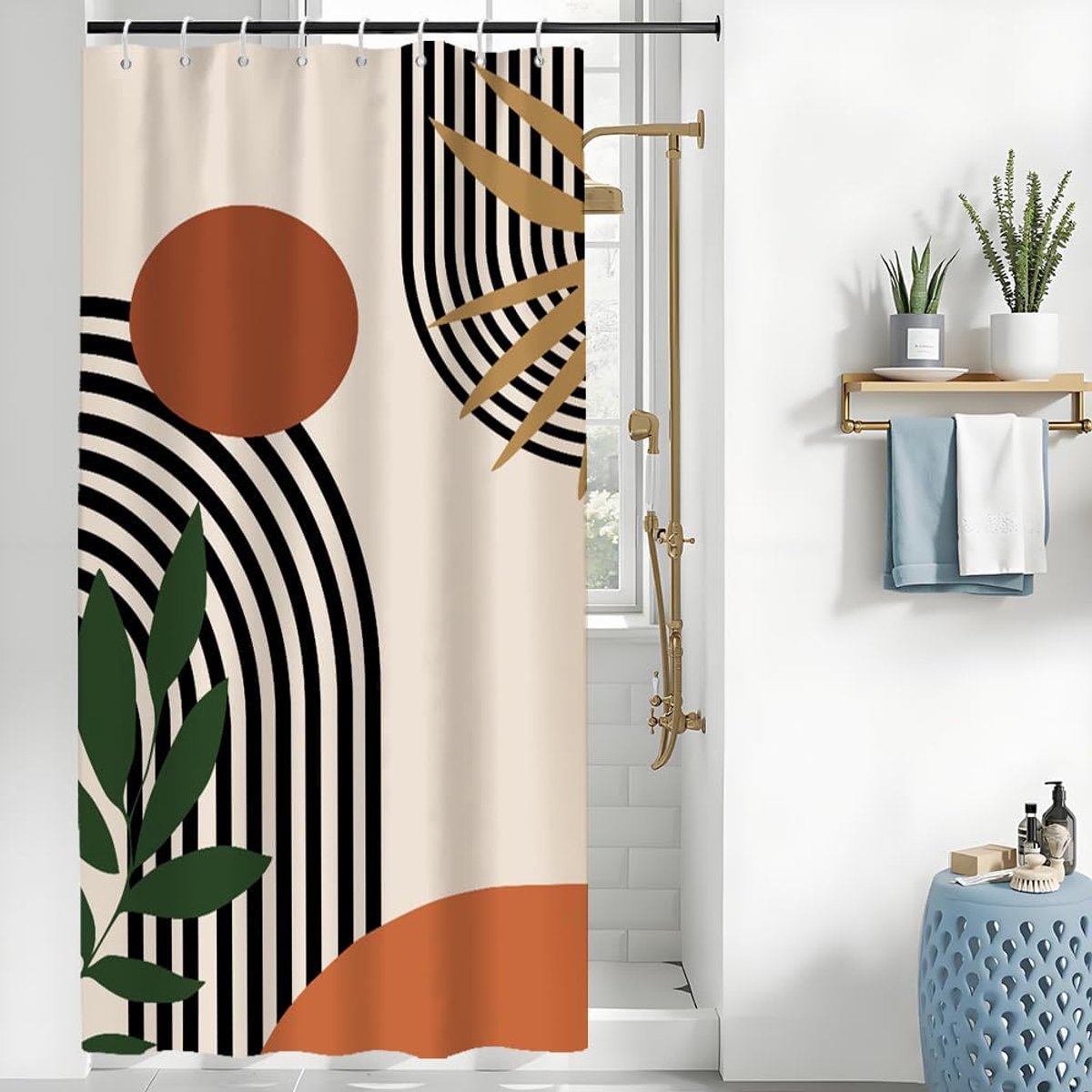 SnelShoppen - Abstract Boho Terracotta Douchegordijn - Minimalistisch - Waterdicht - Anti-Milieu - 120x200 cm - Inclusief 8 Haken - Polyester - Wasbaa