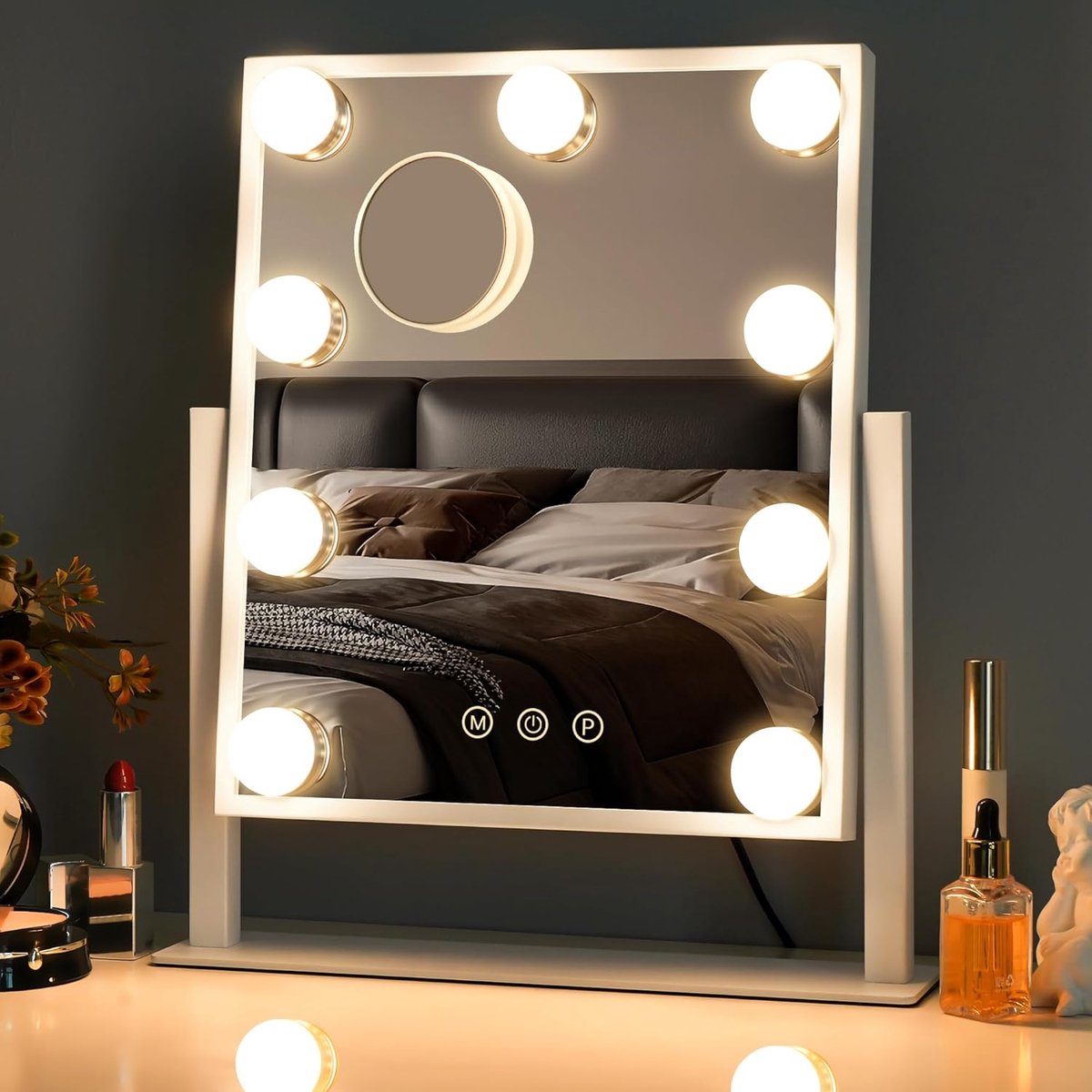 SnelShoppen - Makeup Spiegel met Verlichting, 3 Kleurinstellingen, Draagbaar, 10x Vergrotende Spiegel, Touch Control, 360° Rotatie, Wit - Perfect voor