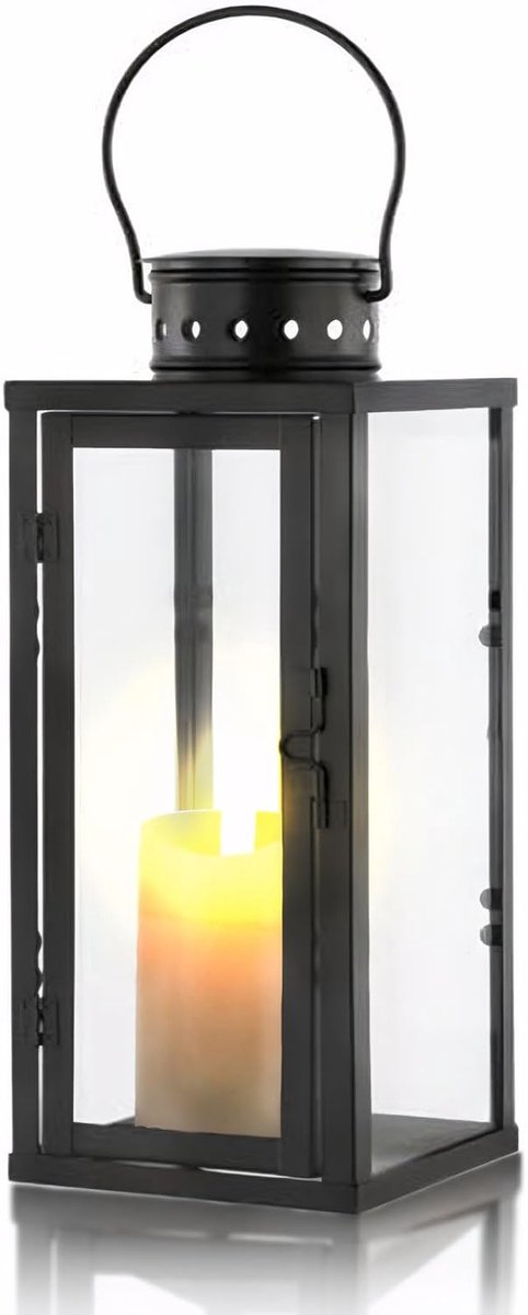 SnelShoppen - Zwarte Buitenlanterns, Metalen en Glazen Graflichten, Weerbestendige Windlichten voor Buiten, Tuin- en Begraafplaatsdecoratie, Set van 2