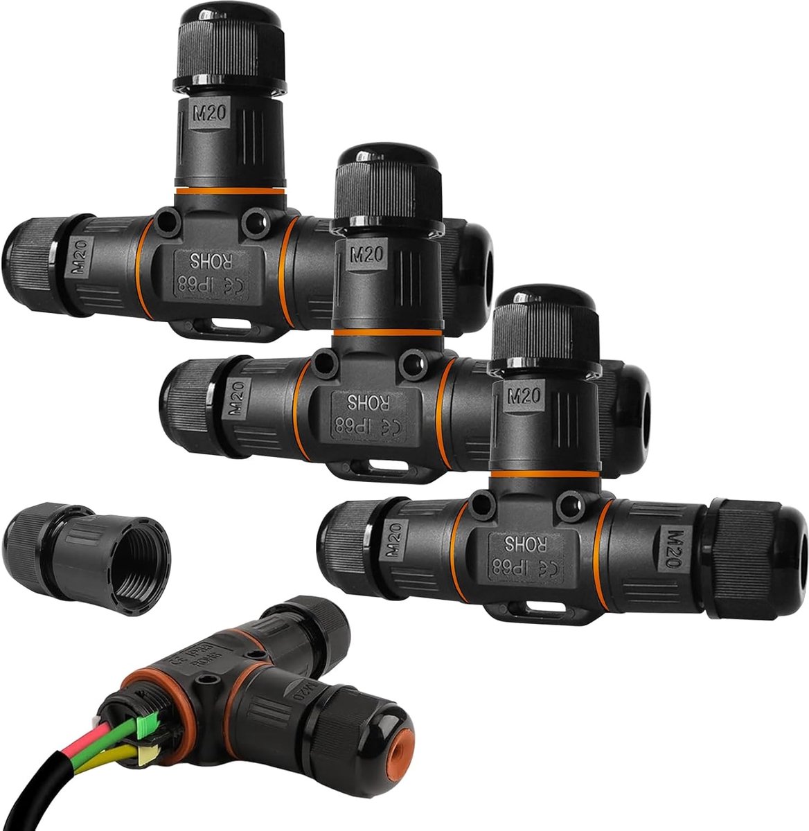 SnelShoppen - Waterproof Cable Connector IP68 - 3-Pole T-Shaped Junction Box - Duurzaam ABS & PVC - Set van 3 - Zwart - Voor Ø3-12 mm Kabel - Tuin, Ca